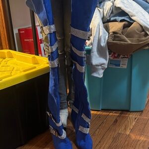 Blue Thigh-High Boots with Rhinestone Straps